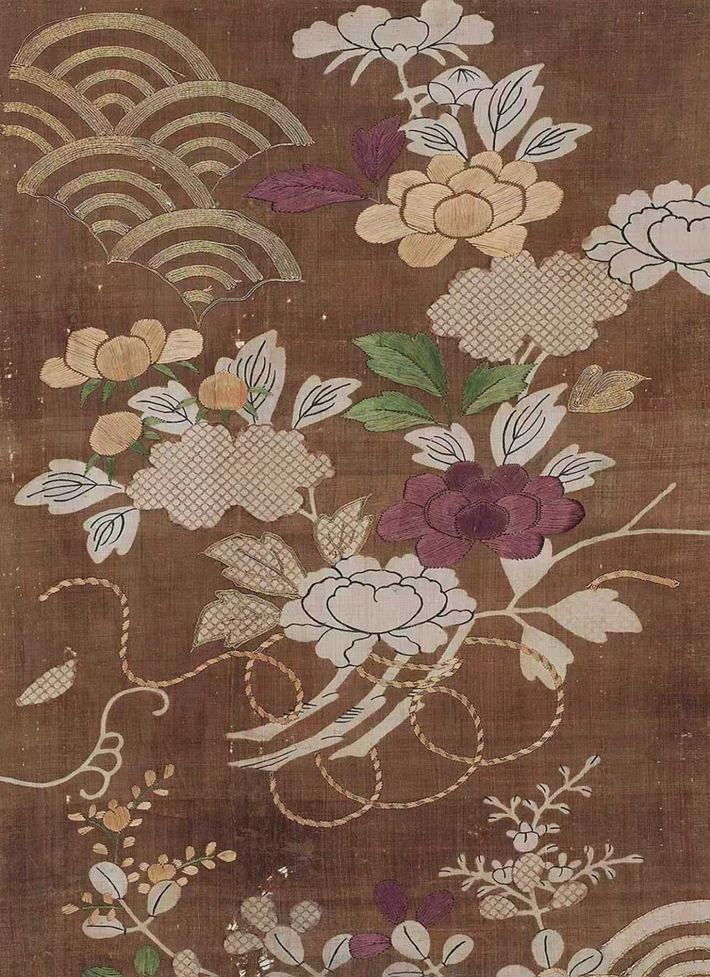 Pale peonies and wave patterns on a brown silk ground
