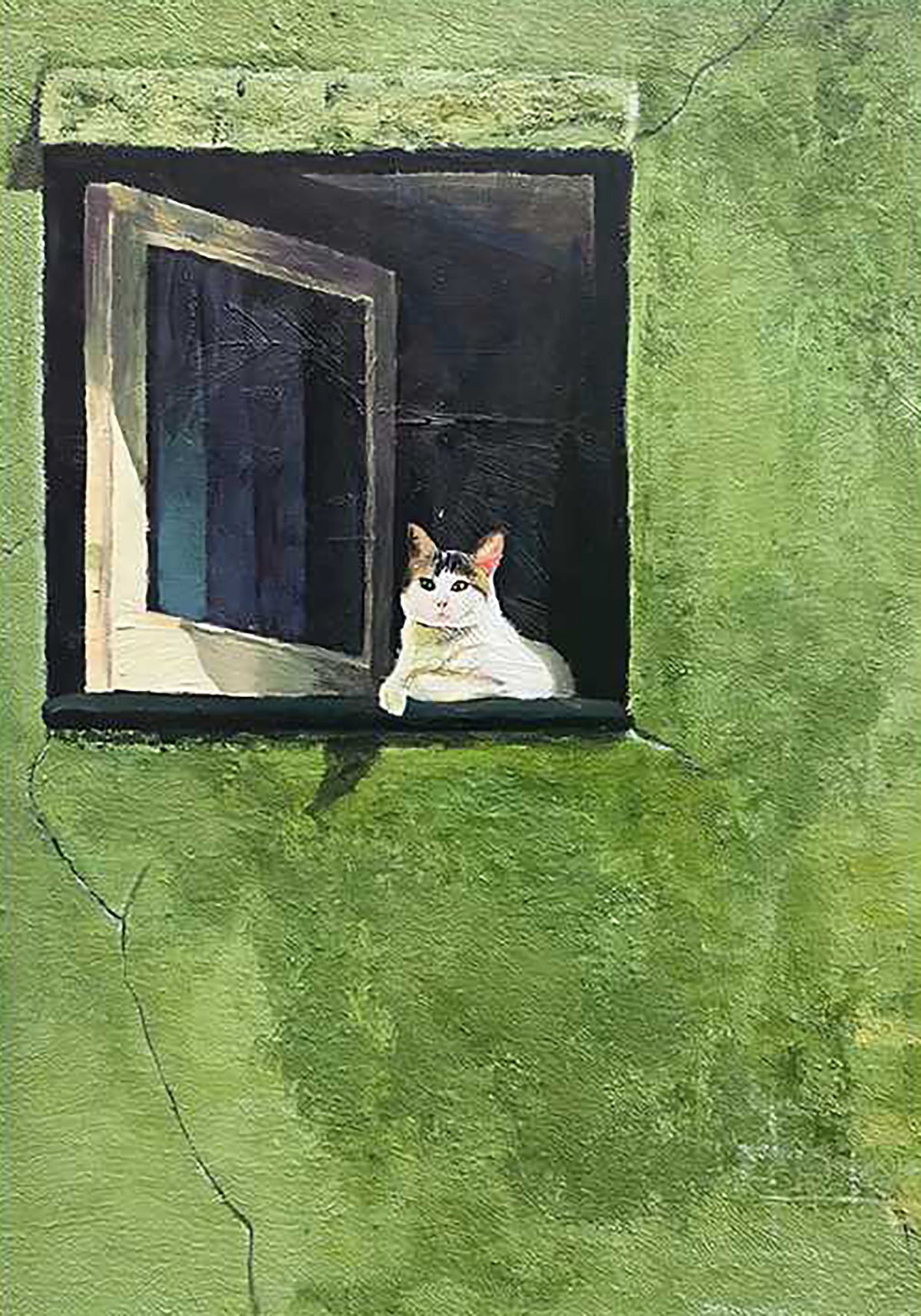 A white cat in a window set in a mossy green wall