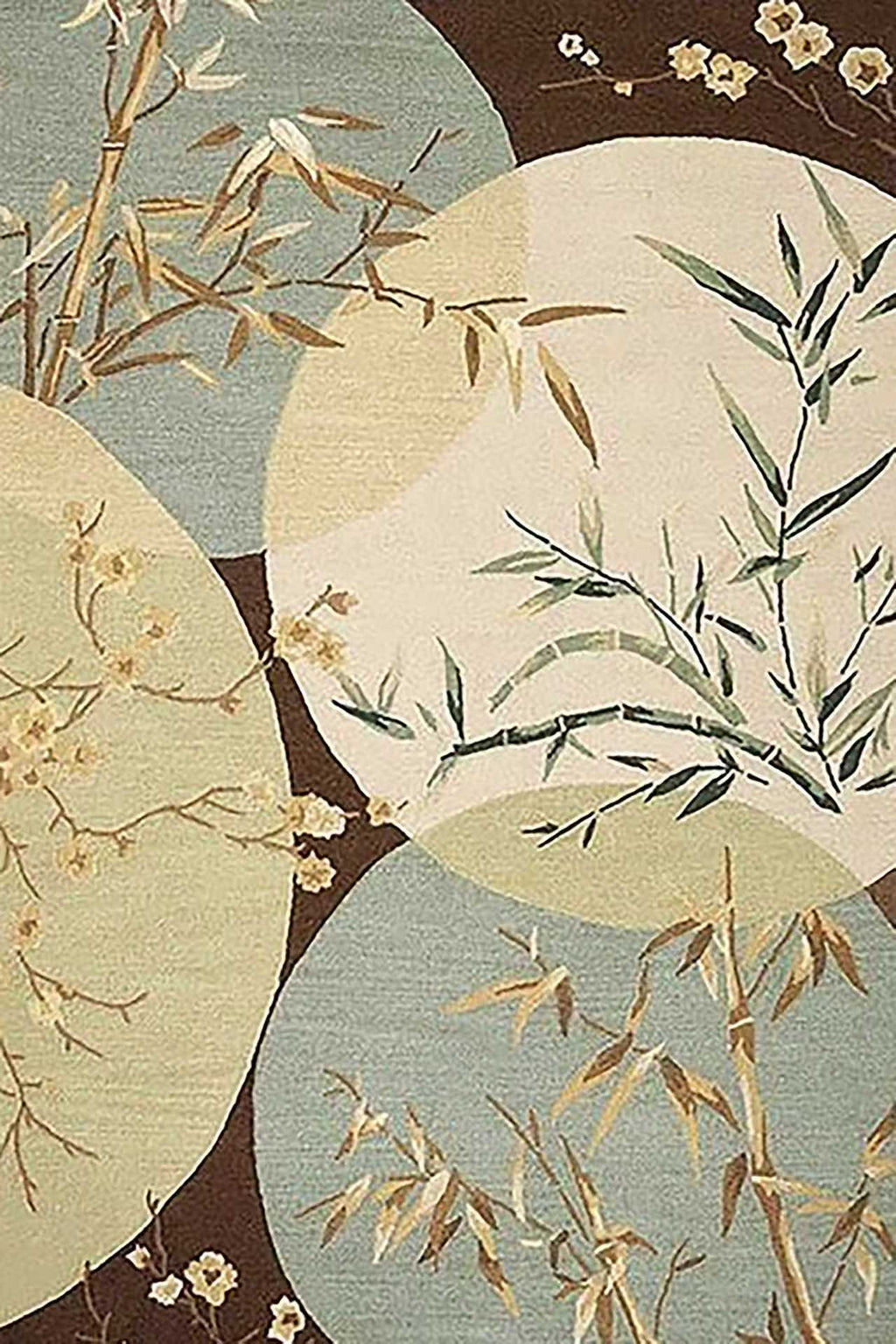 Bamboo and plum sprigs in overlapping pale circles on dark brown
