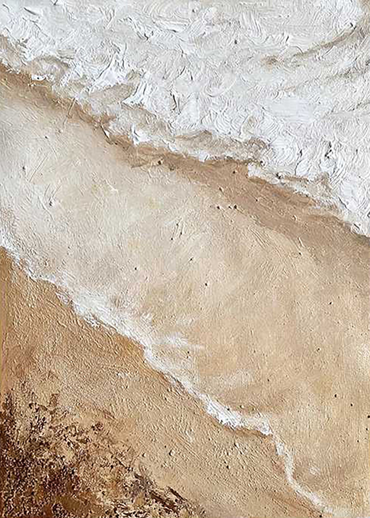 White surf washing over beige sand seen from above