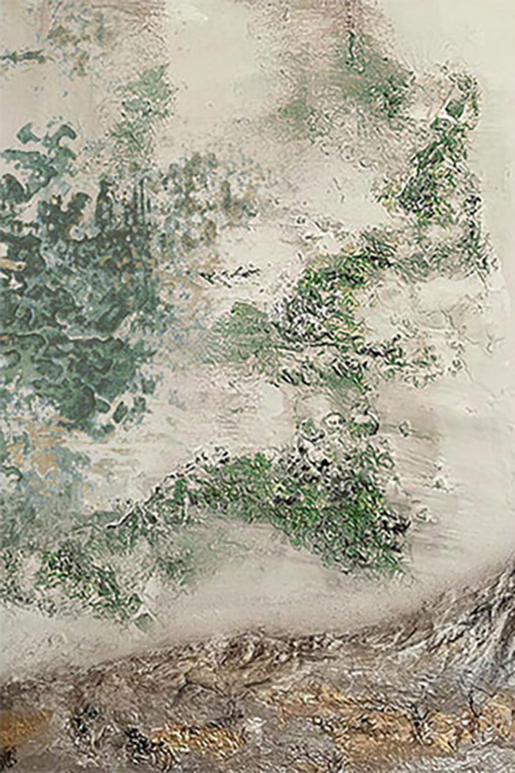 Dabs of moss green across a textured stone-grey ground