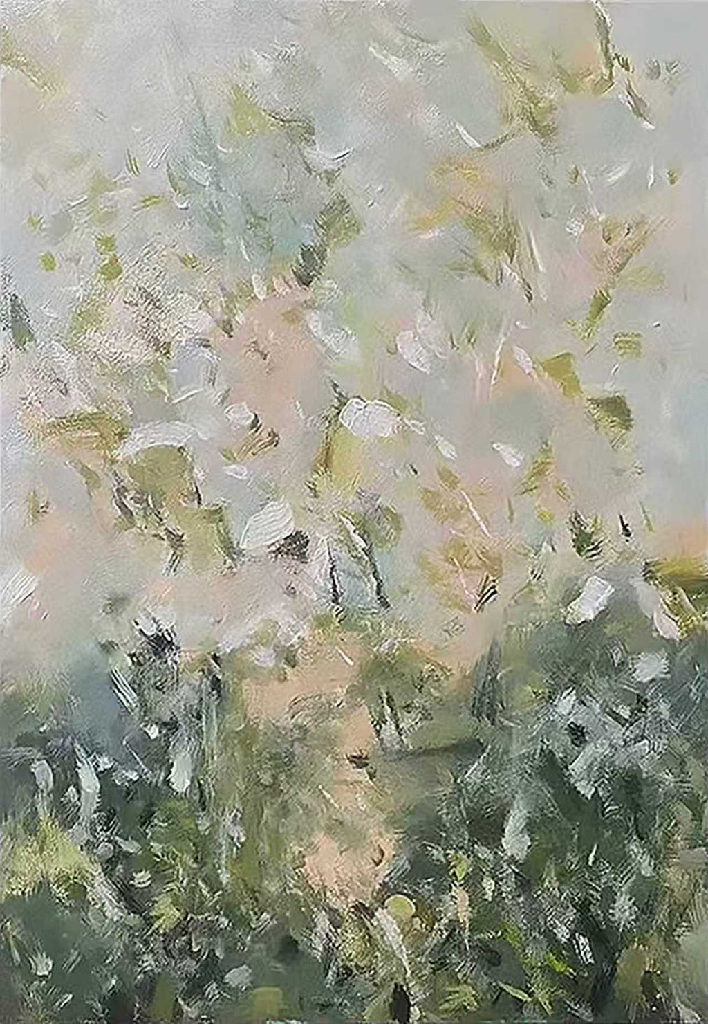 A haze of pale greens and blush over a dark green thicket