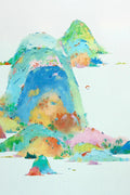 A loose watercolour-like mountain of blue, green, pink and orange
