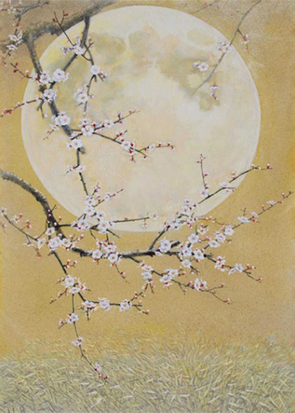 White plum blossoms on a dark branch before a pale moon