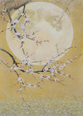 White plum blossoms on a dark branch before a pale moon