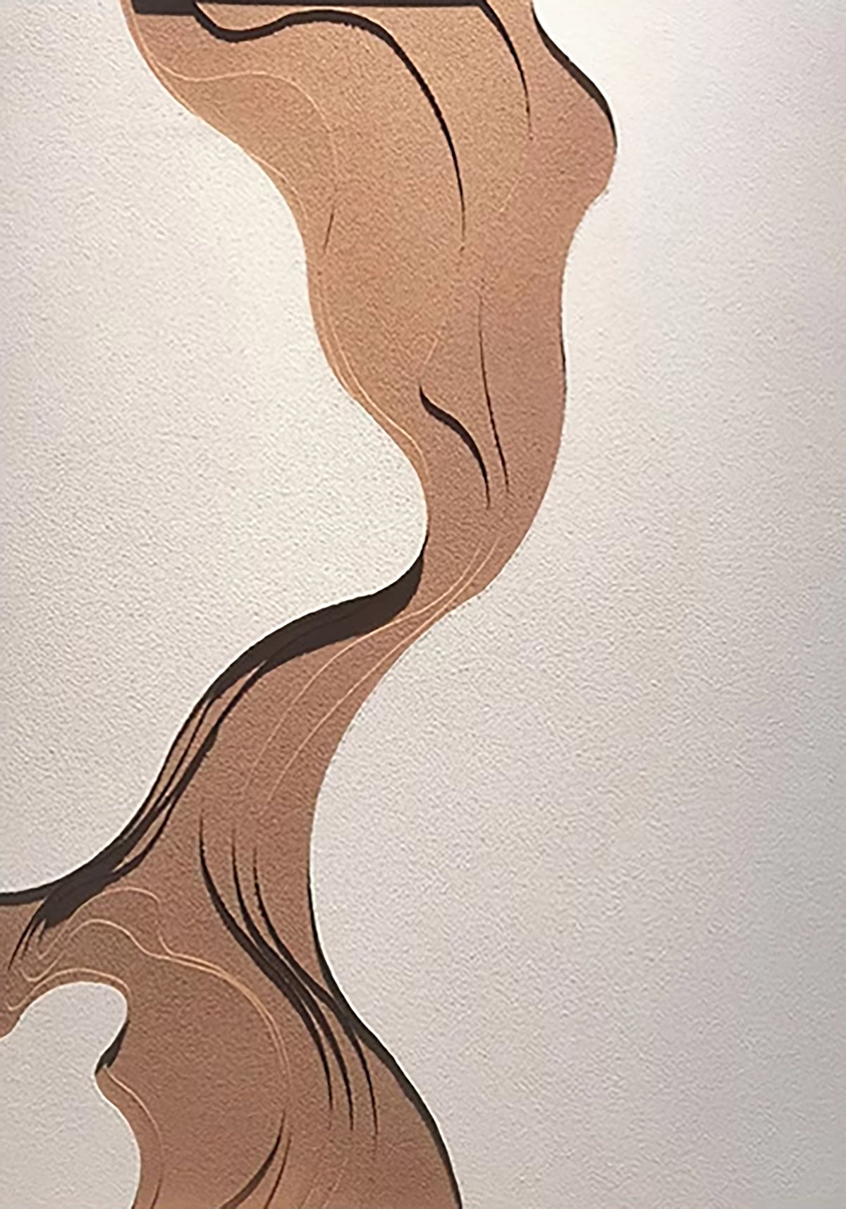 A flowing brown ribbon of paint across a white ground
