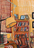 A lamp and crowded bookshelves in a patterned reading corner