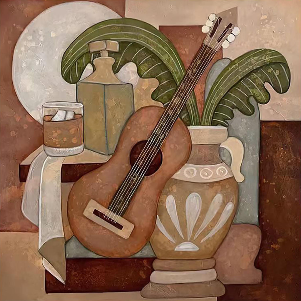 A guitar, vases, a glass and banana leaves in muted cubist shapes