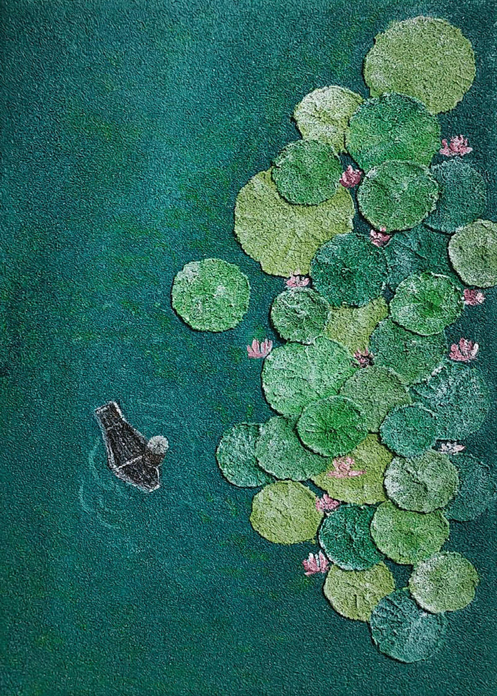 A dark koi gliding beneath round green lily pads on teal water