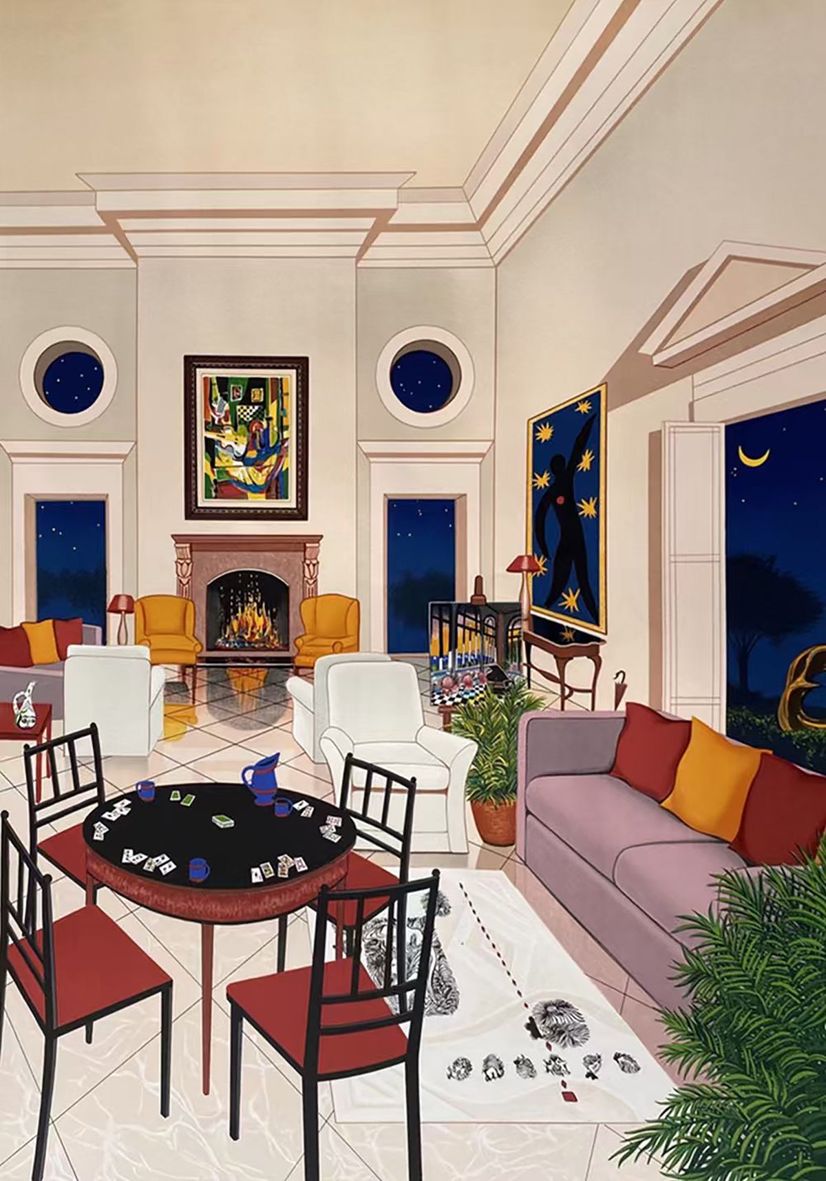 A formal salon with a fireplace, sofas and a card table