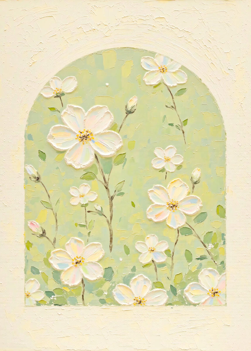 White blossoms sculpted inside a soft green arched window