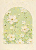 White blossoms sculpted inside a soft green arched window