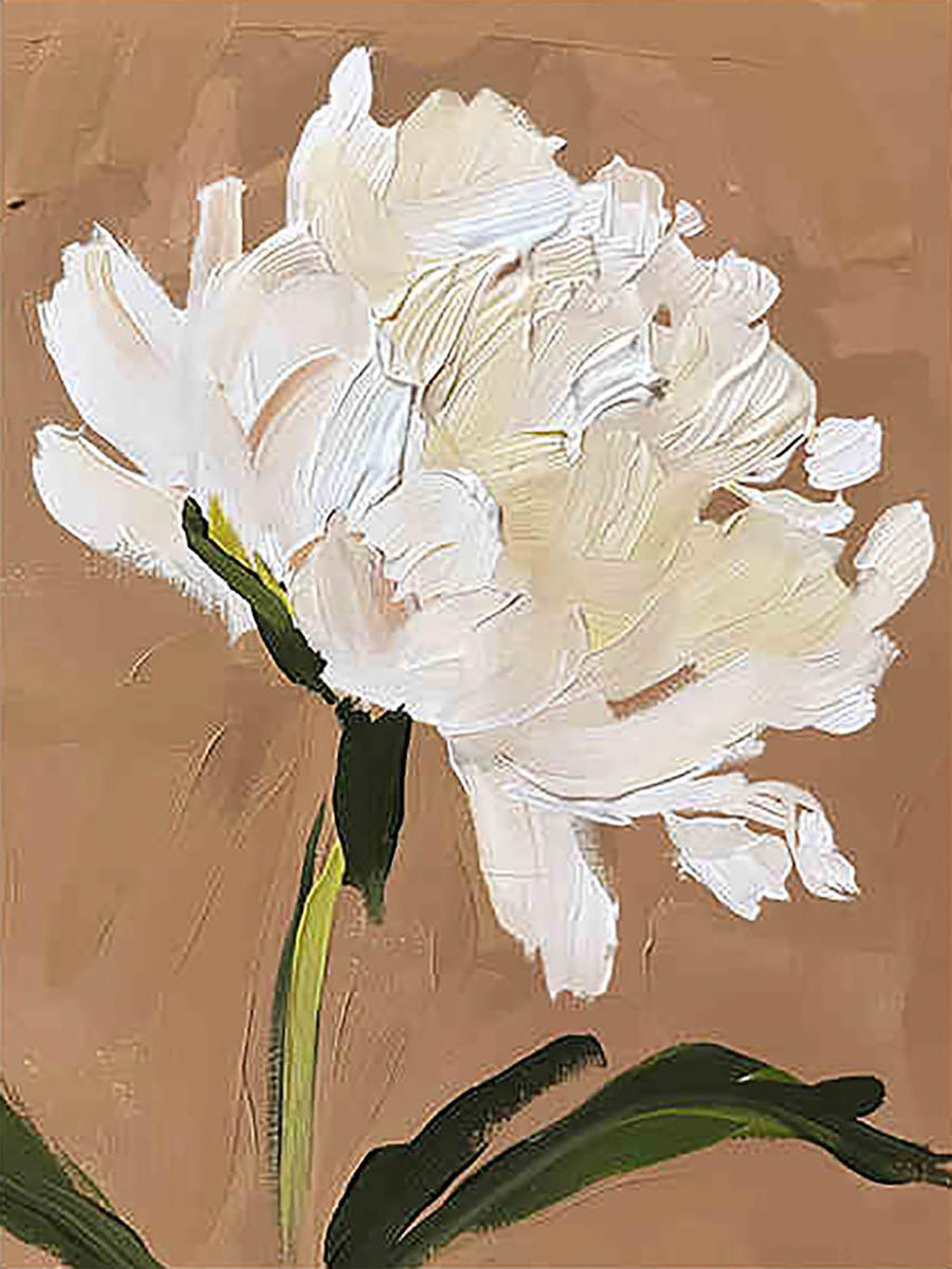 A single white peony in thick paint on warm taupe