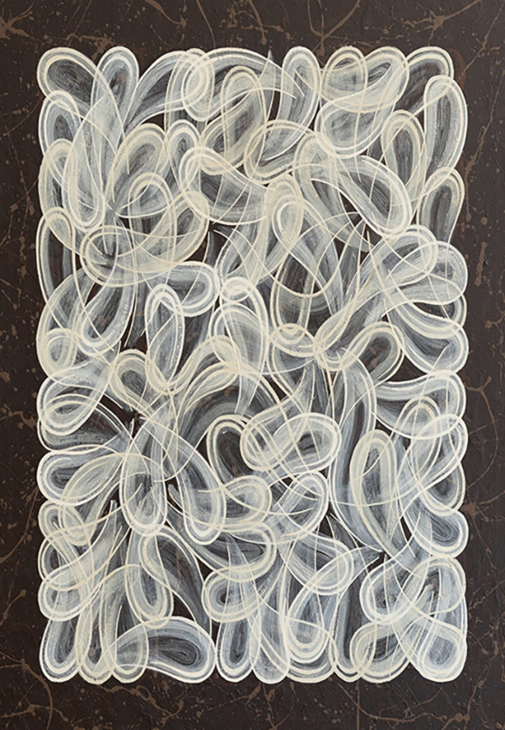 Looping white ribbons of paint filling a panel on black