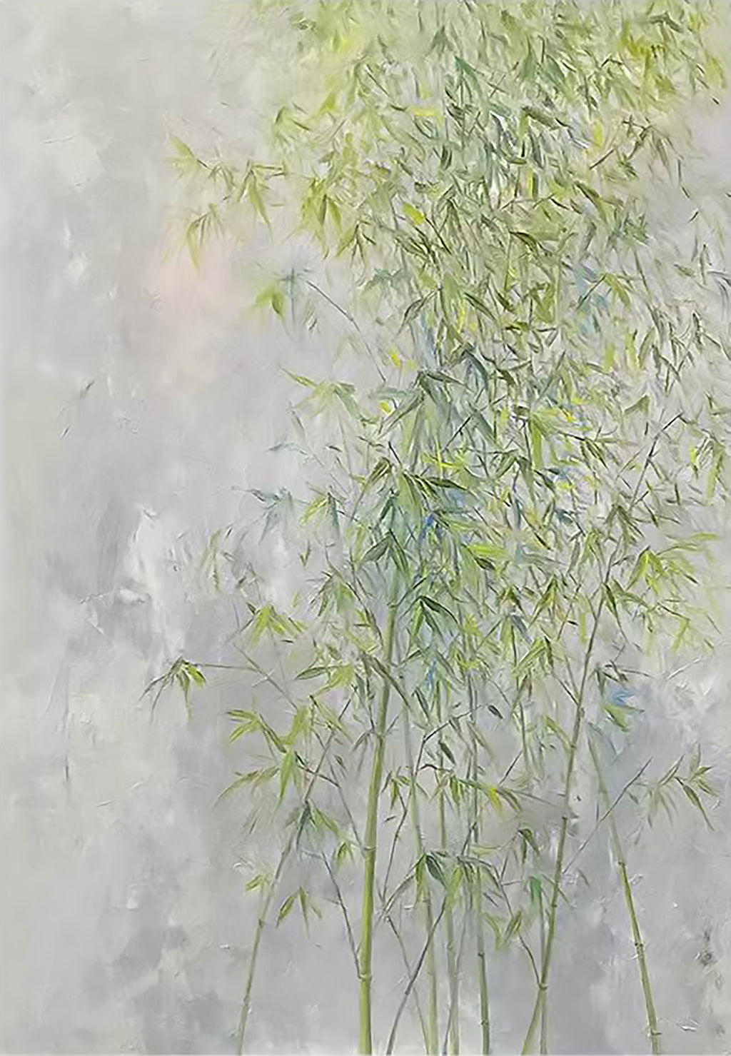 Pale green bamboo rising through soft grey mist