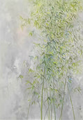 Pale green bamboo rising through soft grey mist