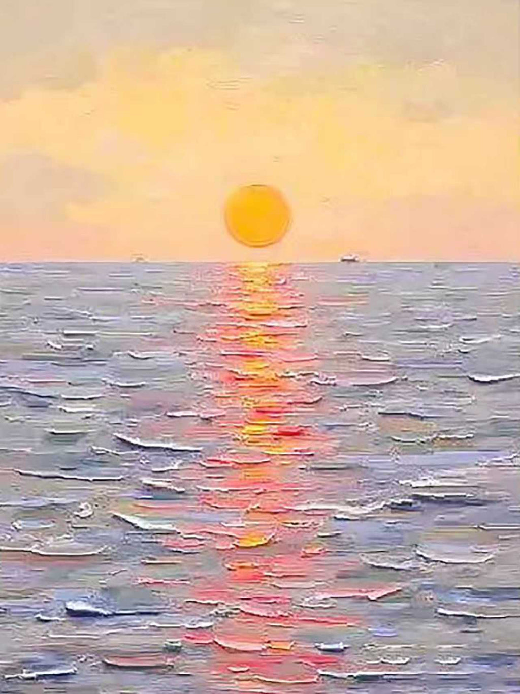 A yellow sun sinking into a rippling lilac and red sea