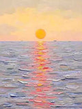 A yellow sun sinking into a rippling lilac and red sea