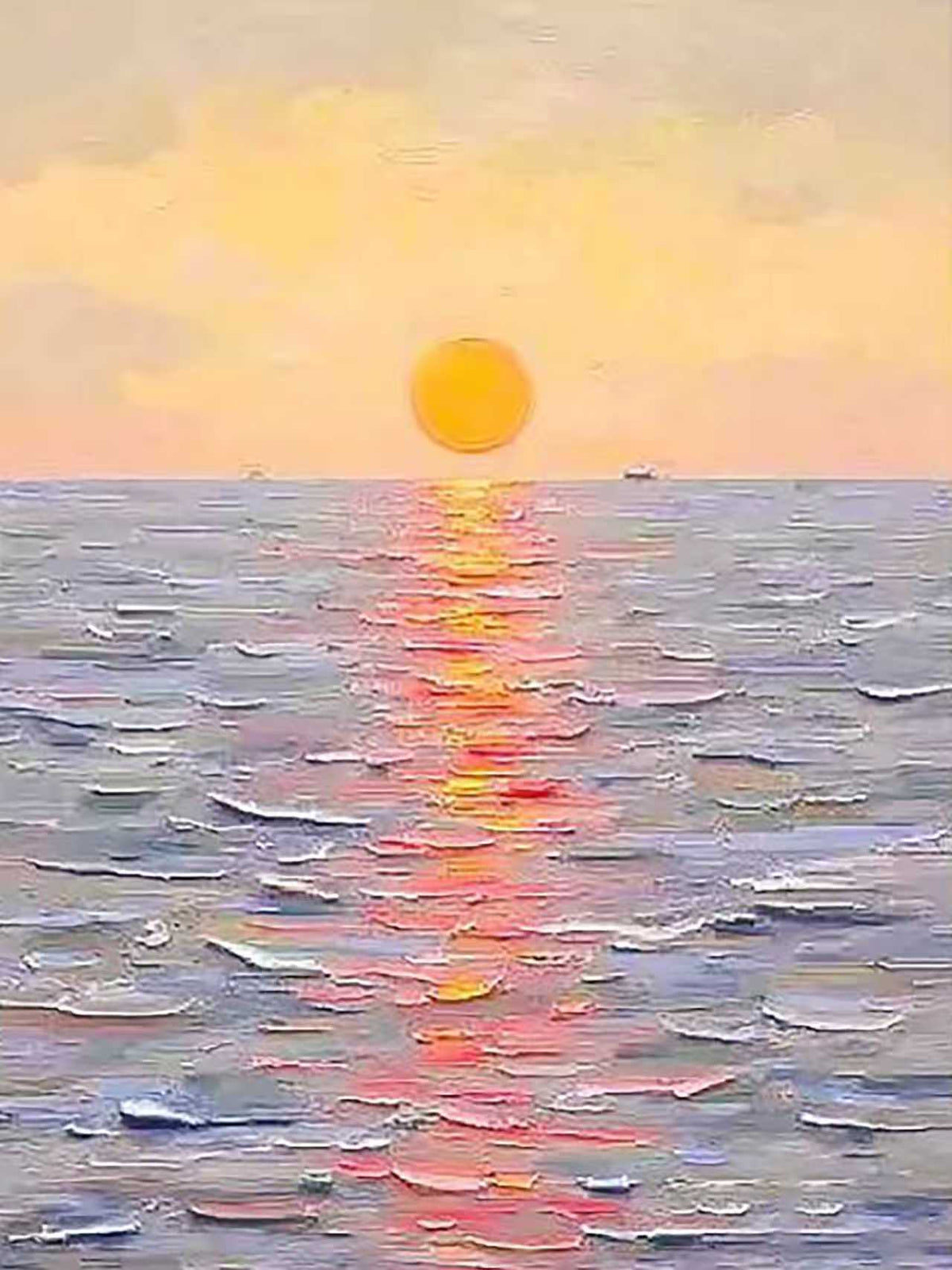 A yellow sun sinking into a rippling lilac and red sea