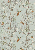 Hummingbirds among slender blossoming branches on pale duck-egg blue