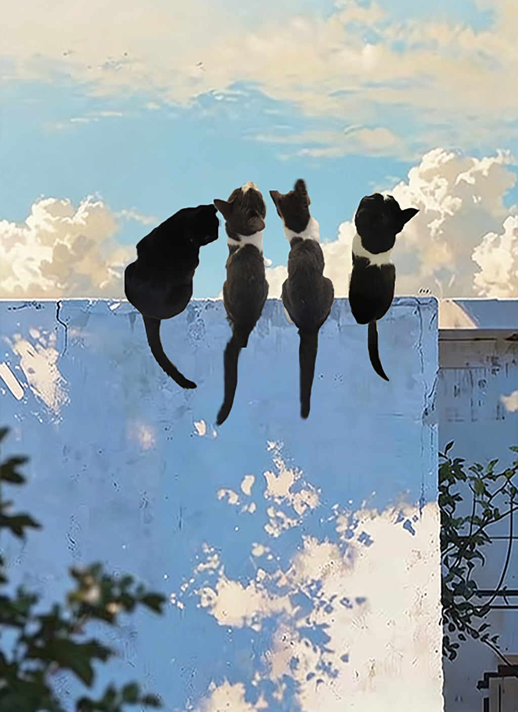 Three black cats sitting on a sunlit blue wall under clouds