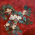 Clusters of white blossoms and teal leaves on deep crimson