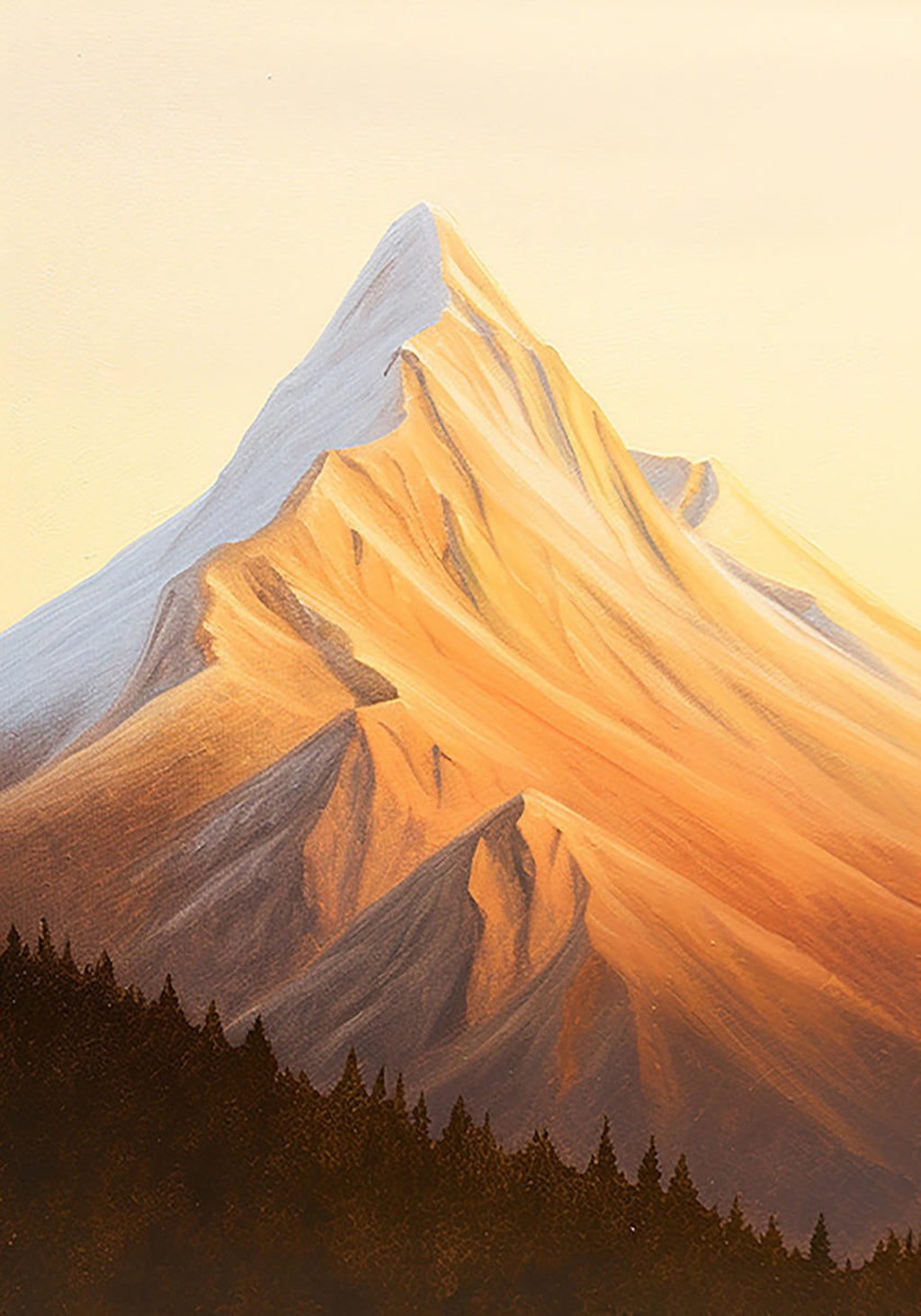 A single peak glowing orange and gold above dark pines