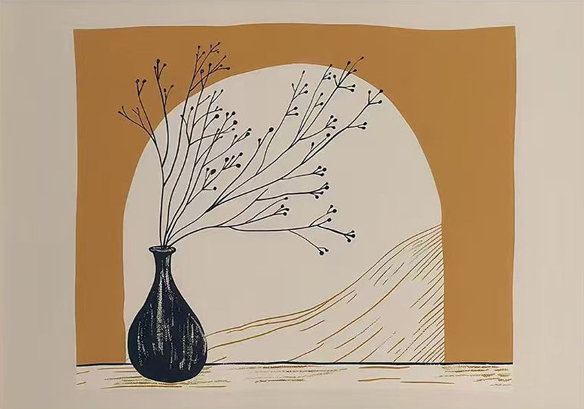 A spray of bare twigs in a black vase in a mustard arch