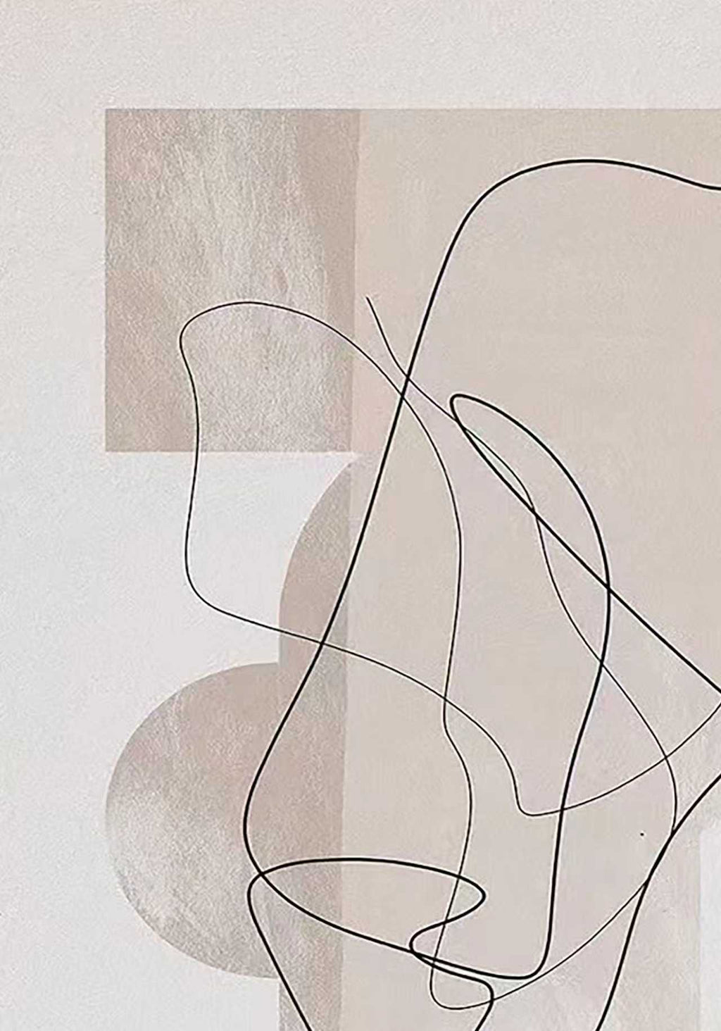 A loose black line looping over beige and grey shapes