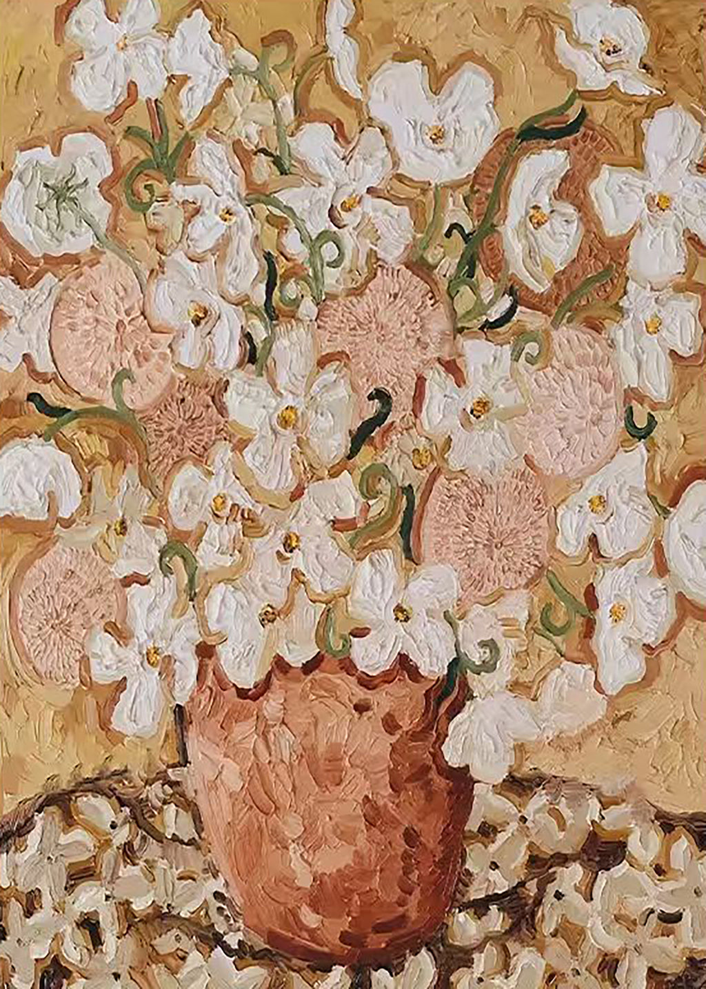 White blossoms spilling from a terracotta pot on ochre