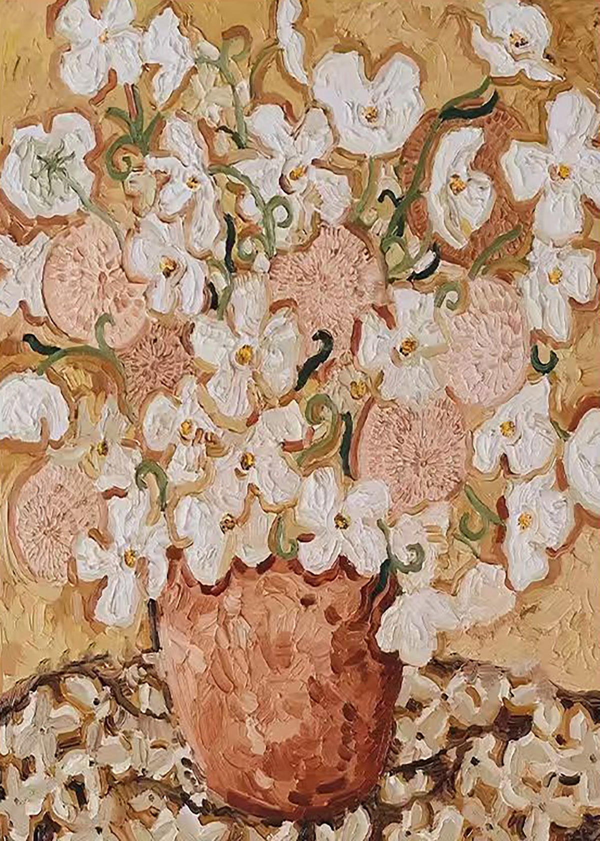 White blossoms spilling from a terracotta pot on ochre
