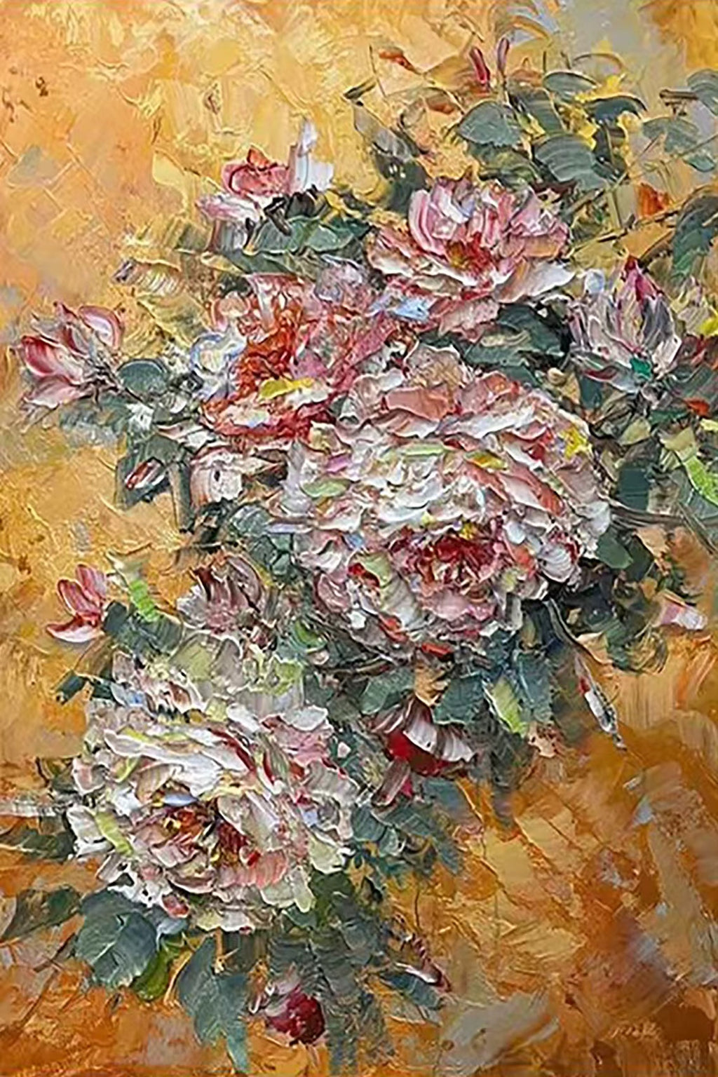 Thick pink and cream peonies with green leaves on gold