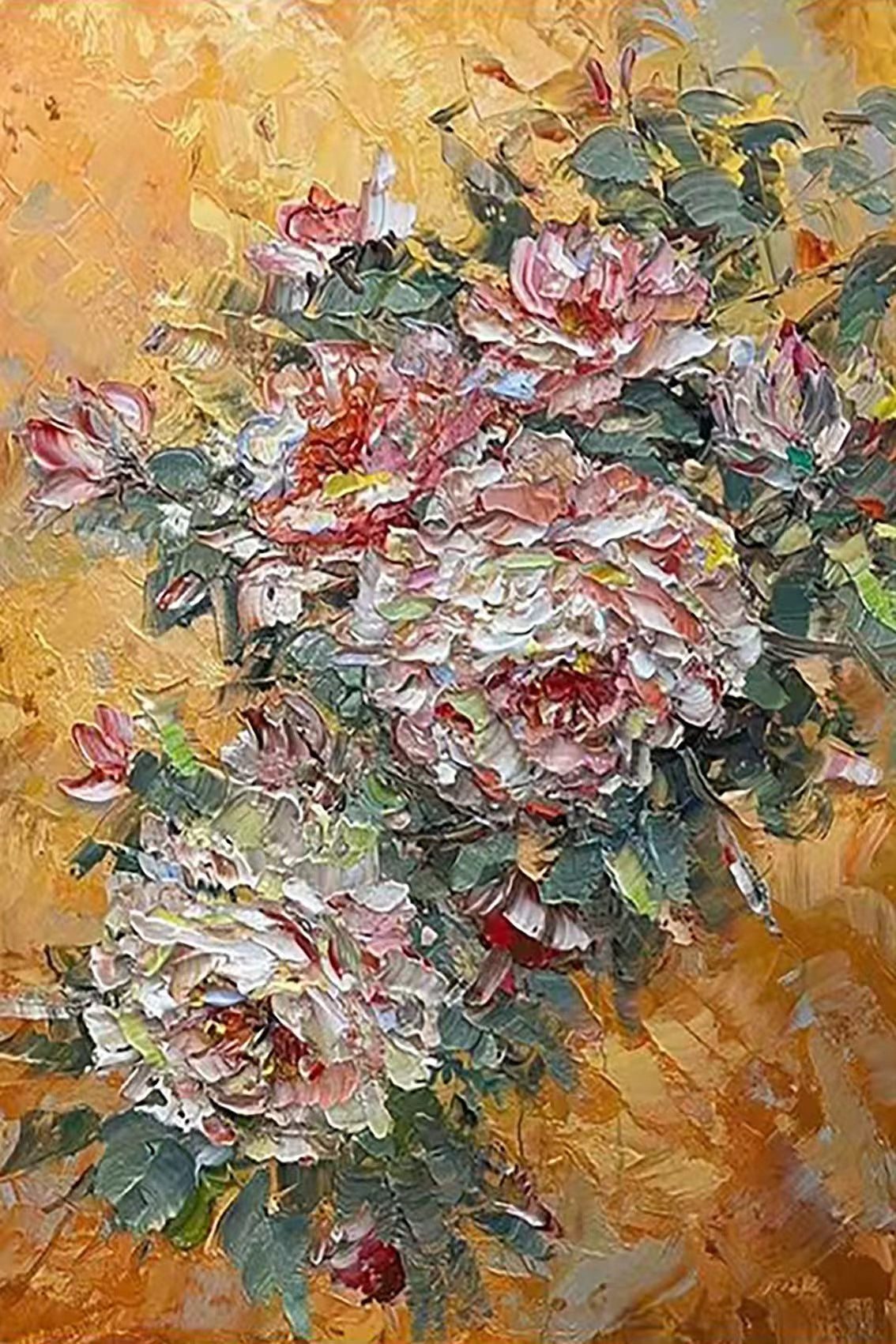 Thick pink and cream peonies with green leaves on gold