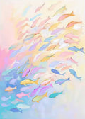 A swirl of pastel fish in pink, blue and lilac