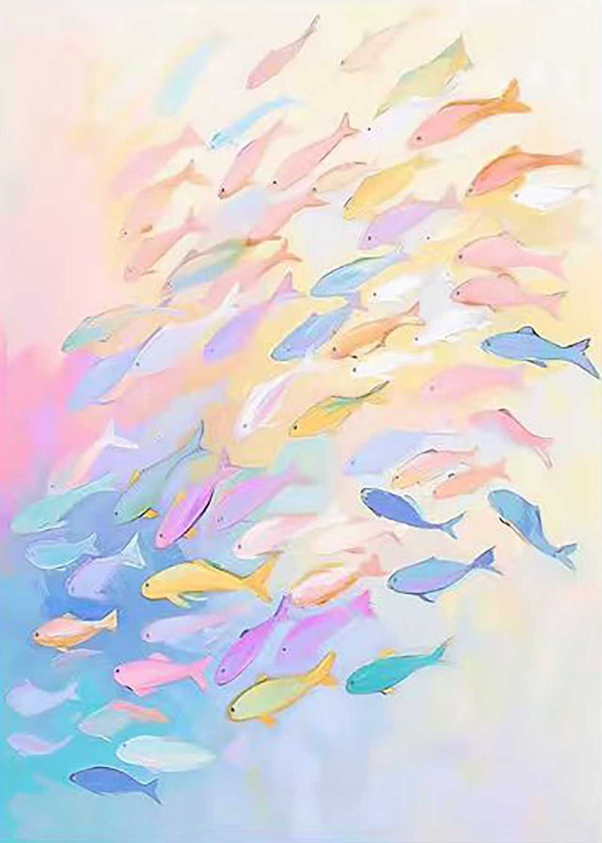 A swirl of pastel fish in pink, blue and lilac