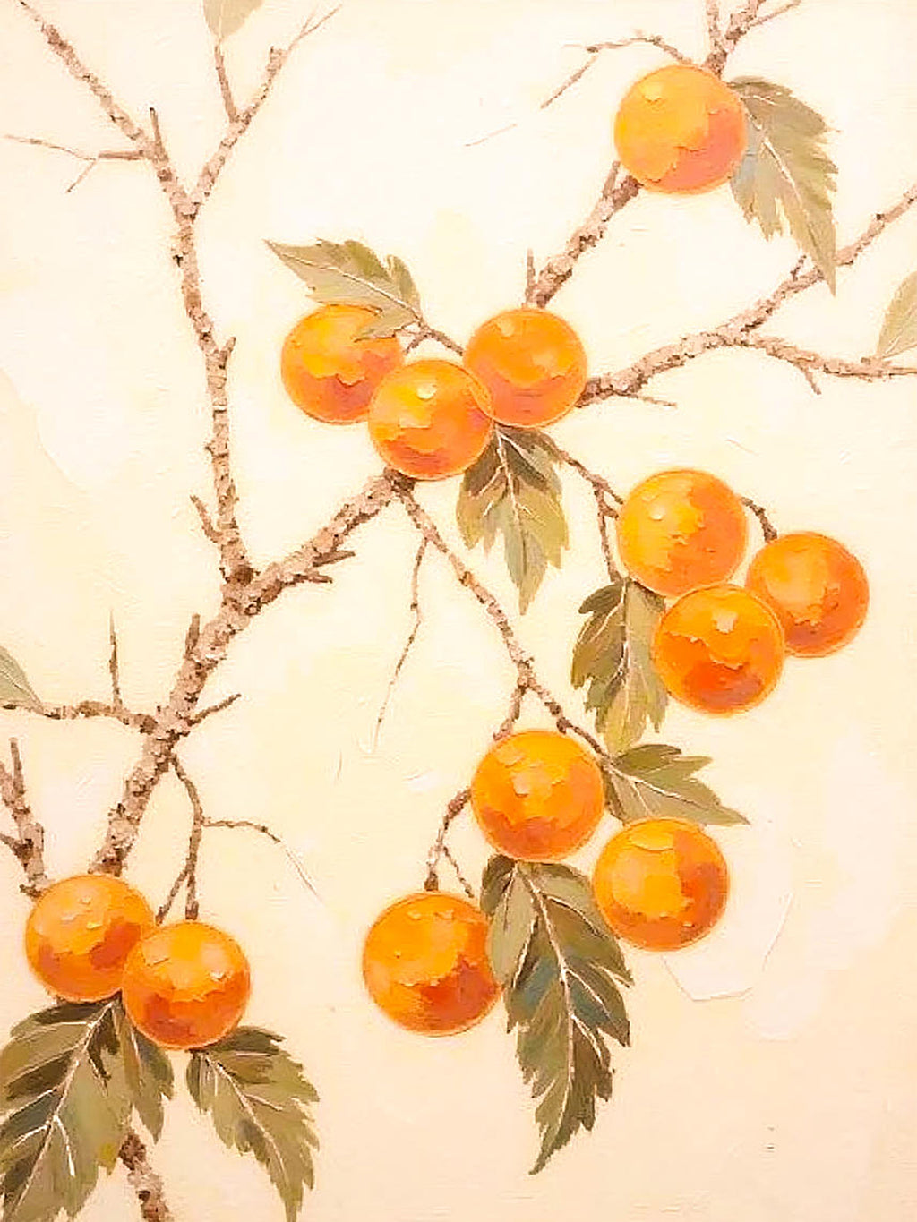 A branch of ripe orange persimmons and leaves on cream