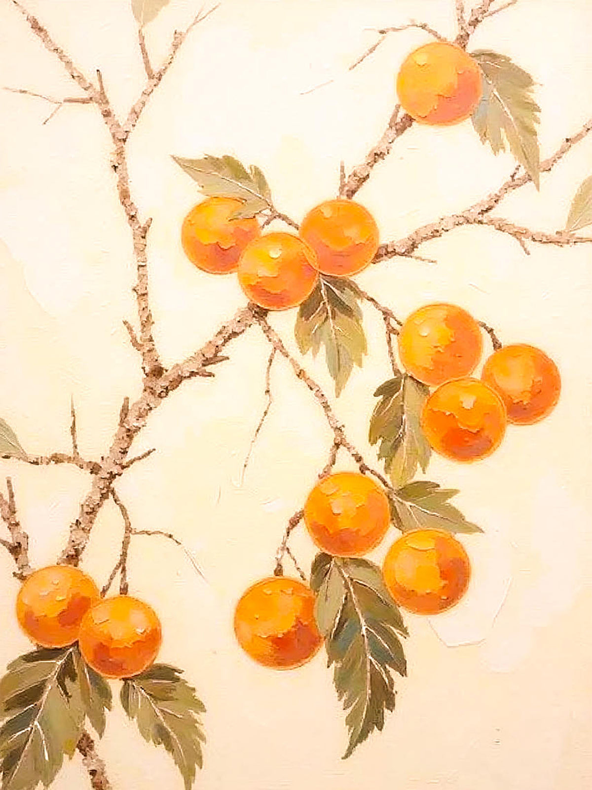A branch of ripe orange persimmons and leaves on cream