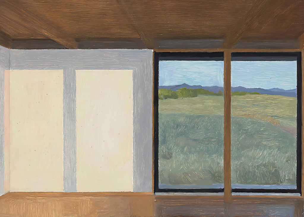 A wood-framed window opening onto a green plain and distant hills
