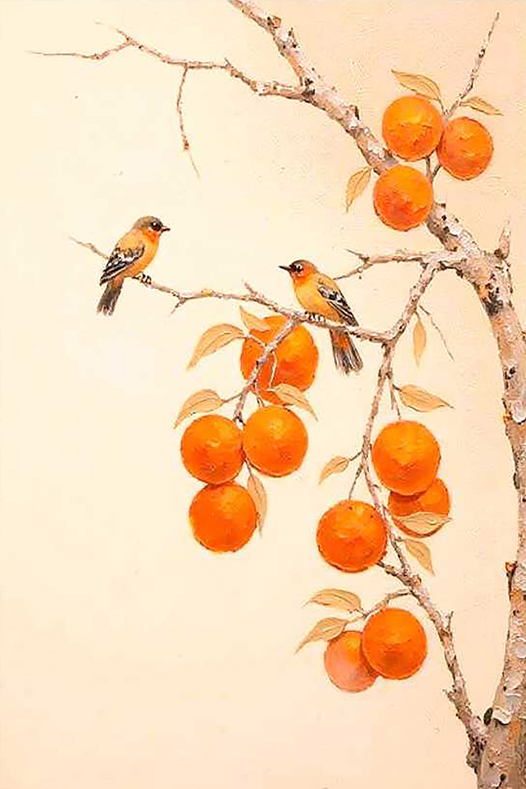 Two orioles on a branch of bright orange persimmons on cream