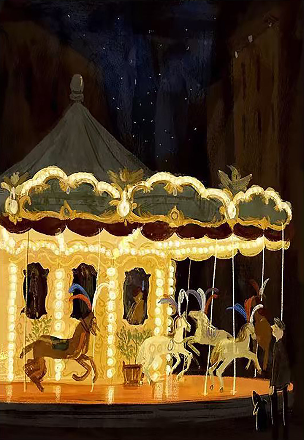 A glowing carousel of golden horses under a dark starry sky