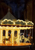 A glowing carousel of golden horses under a dark starry sky