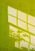 A window's shadow and leaf shapes on a vivid chartreuse wall