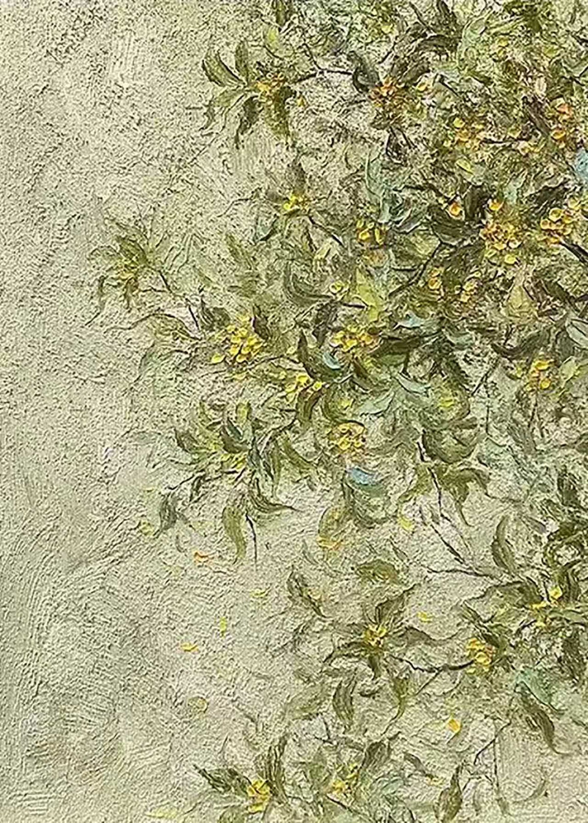 Dense olive and gold foliage spreading over pale stone