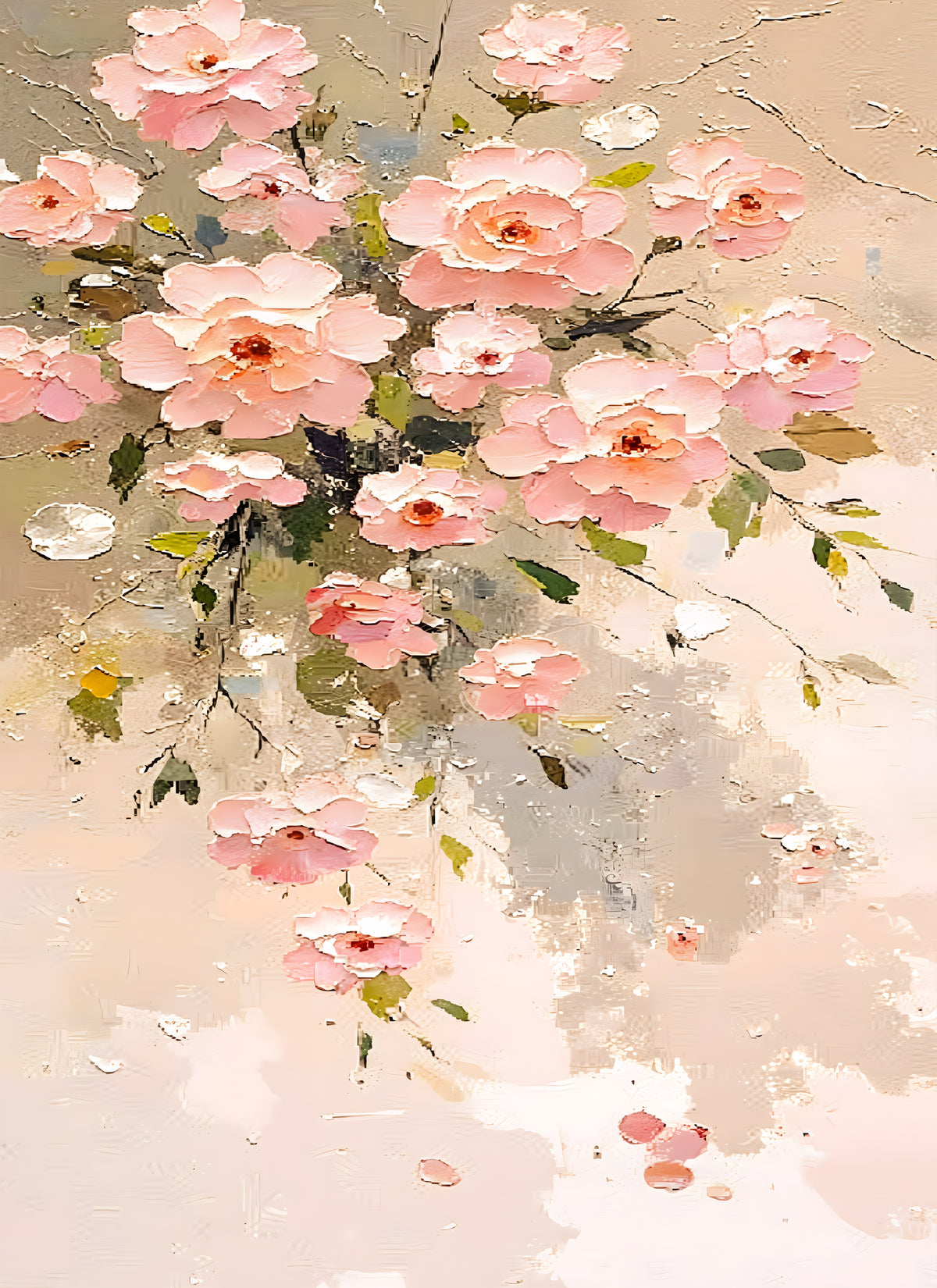 Sprays of soft pink wild roses on a pale blush ground