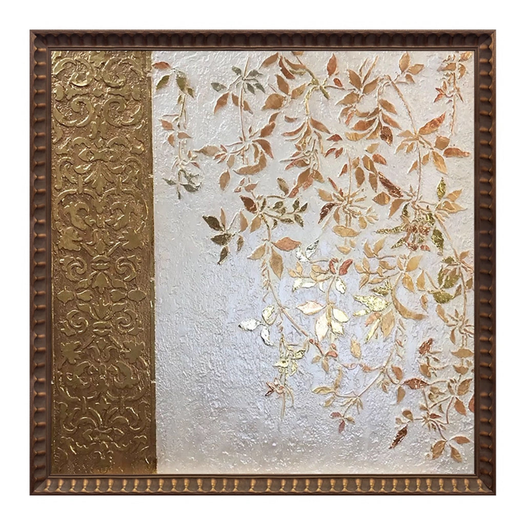 Trailing gold leaves on a white ground beside an embossed gold band
