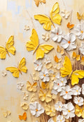 Yellow butterflies over white blossoms in thick relief