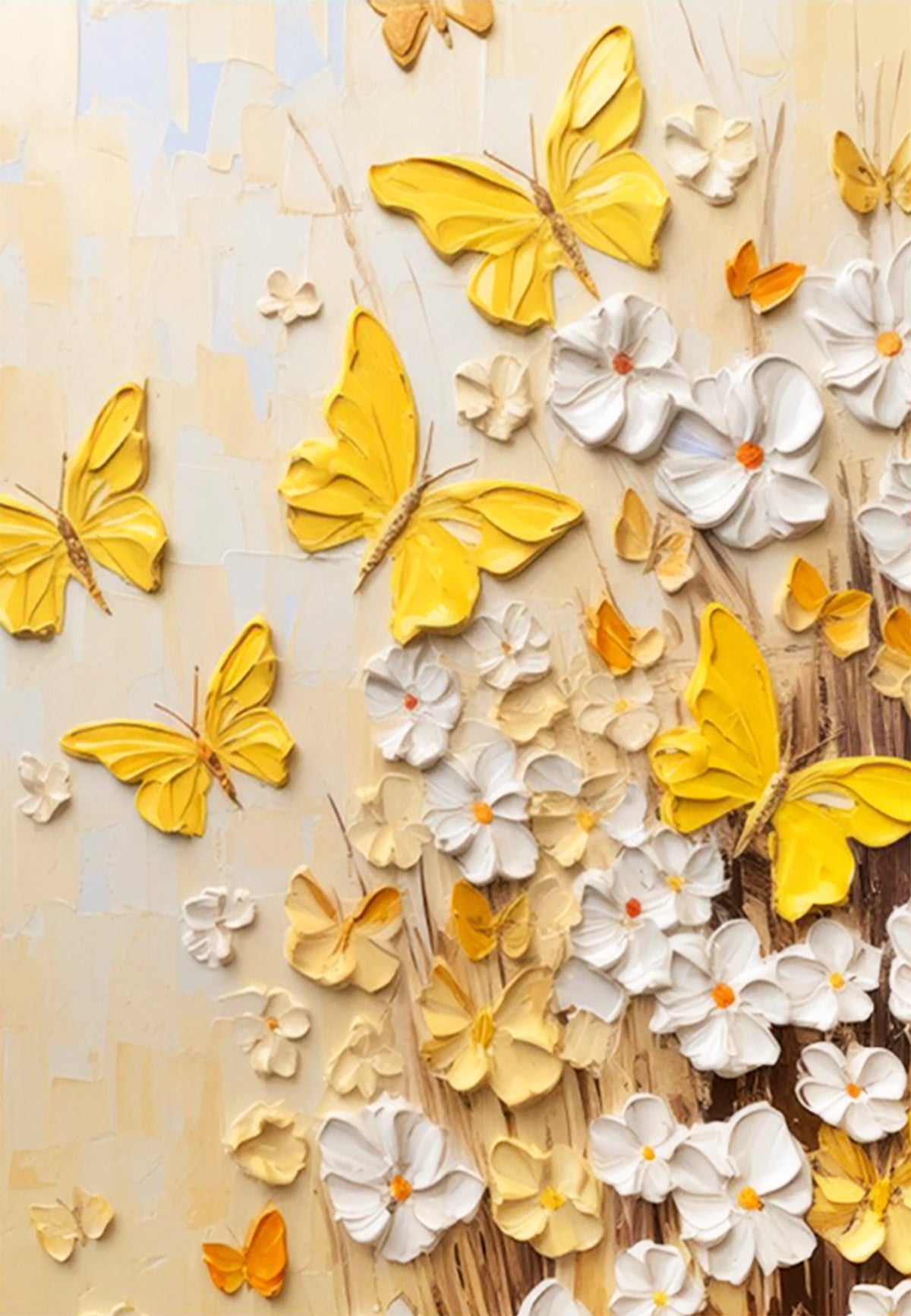 Yellow butterflies over white blossoms in thick relief