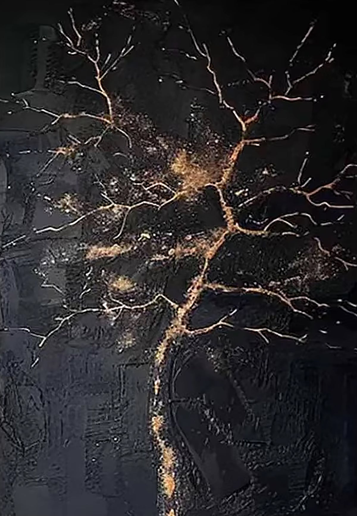 A branching tree traced in flecks of gold on textured black