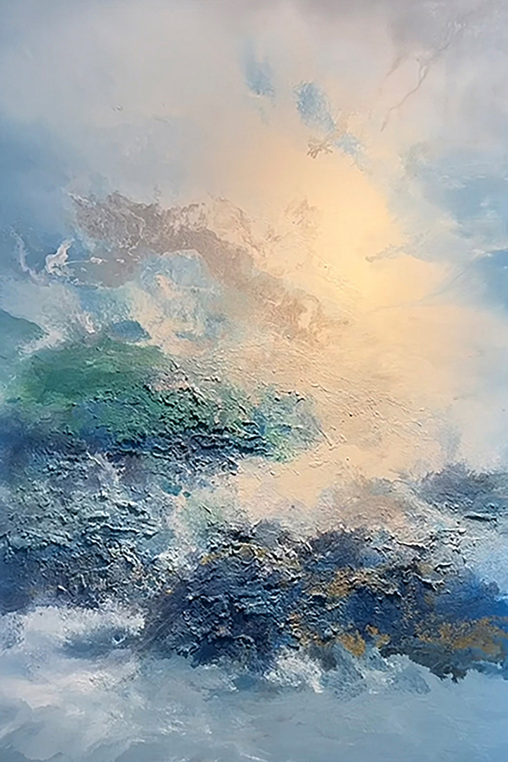 Dark waves and green-blue cloud under a pale breaking light