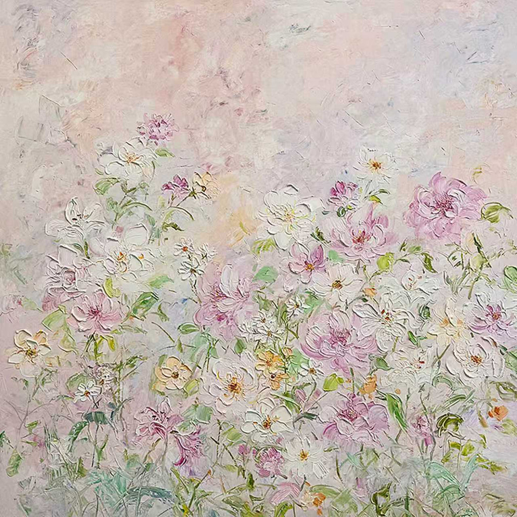 A soft field of lilac, pink and white wildflowers